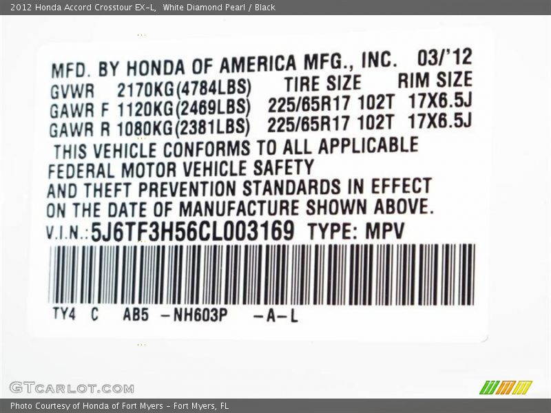 2012 Accord Crosstour EX-L White Diamond Pearl Color Code NH603P