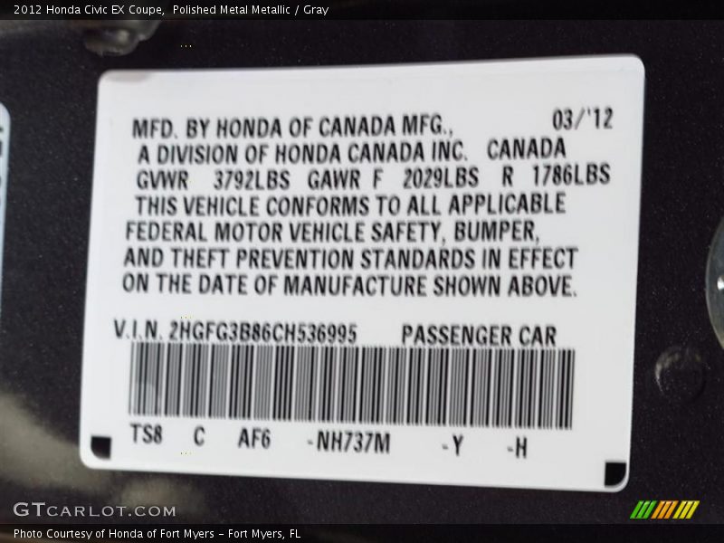 Polished Metal Metallic / Gray 2012 Honda Civic EX Coupe