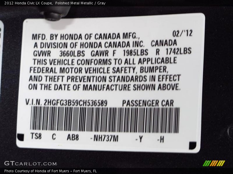 Polished Metal Metallic / Gray 2012 Honda Civic LX Coupe