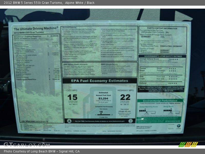  2012 5 Series 550i Gran Turismo Window Sticker