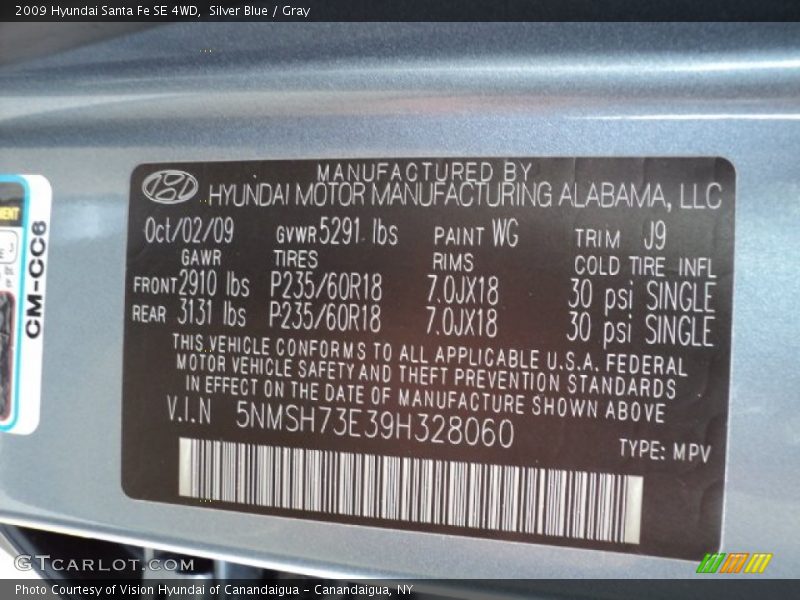 Silver Blue / Gray 2009 Hyundai Santa Fe SE 4WD