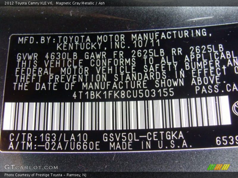 Magnetic Gray Metallic / Ash 2012 Toyota Camry XLE V6