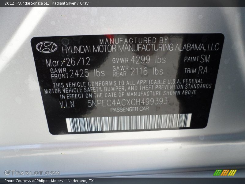 Radiant Silver / Gray 2012 Hyundai Sonata SE