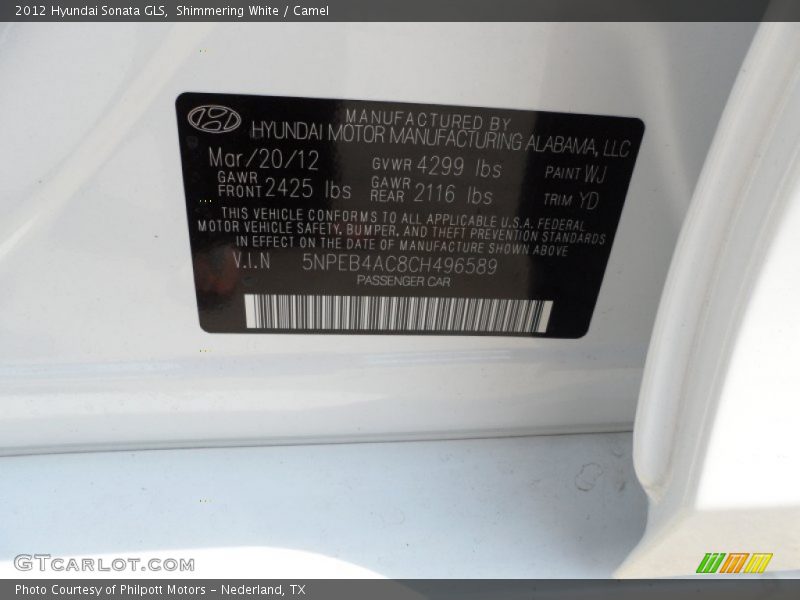 Shimmering White / Camel 2012 Hyundai Sonata GLS