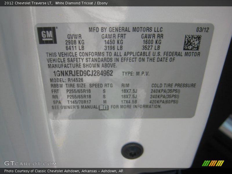 White Diamond Tricoat / Ebony 2012 Chevrolet Traverse LT