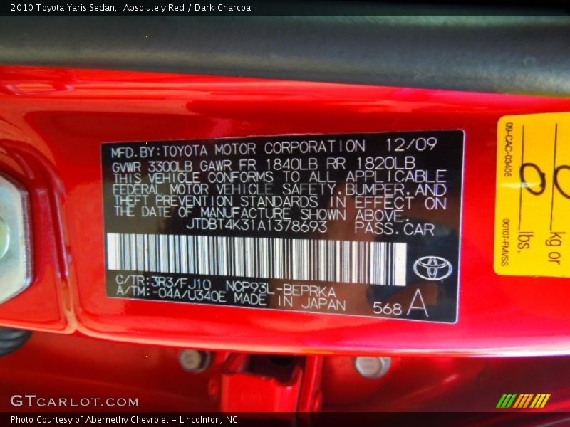 Absolutely Red / Dark Charcoal 2010 Toyota Yaris Sedan