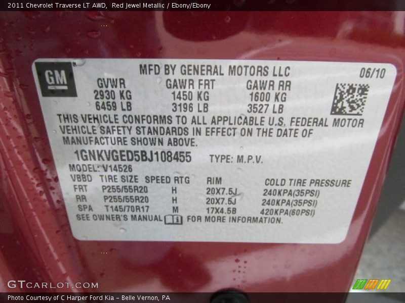 Red Jewel Metallic / Ebony/Ebony 2011 Chevrolet Traverse LT AWD