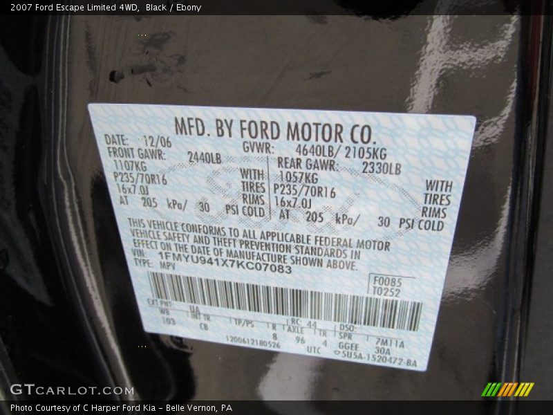 2007 Escape Limited 4WD Black Color Code UA