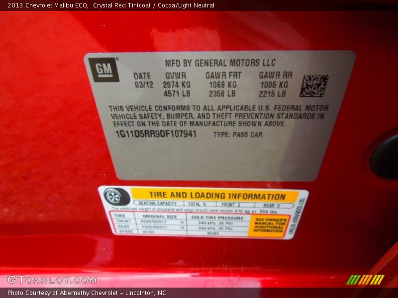 Info Tag of 2013 Malibu ECO