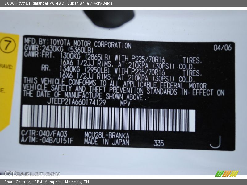Super White / Ivory Beige 2006 Toyota Highlander V6 4WD