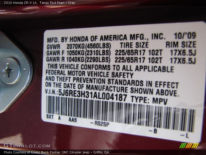 Tango Red Pearl / Gray 2010 Honda CR-V LX