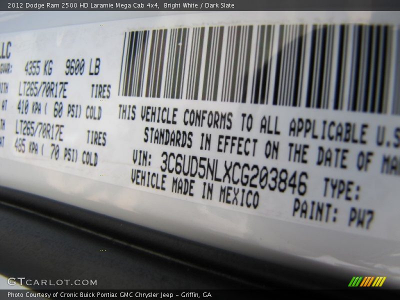 2012 Ram 2500 HD Laramie Mega Cab 4x4 Bright White Color Code PW7