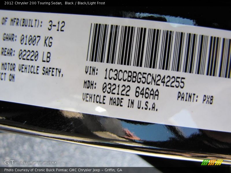 Black / Black/Light Frost 2012 Chrysler 200 Touring Sedan