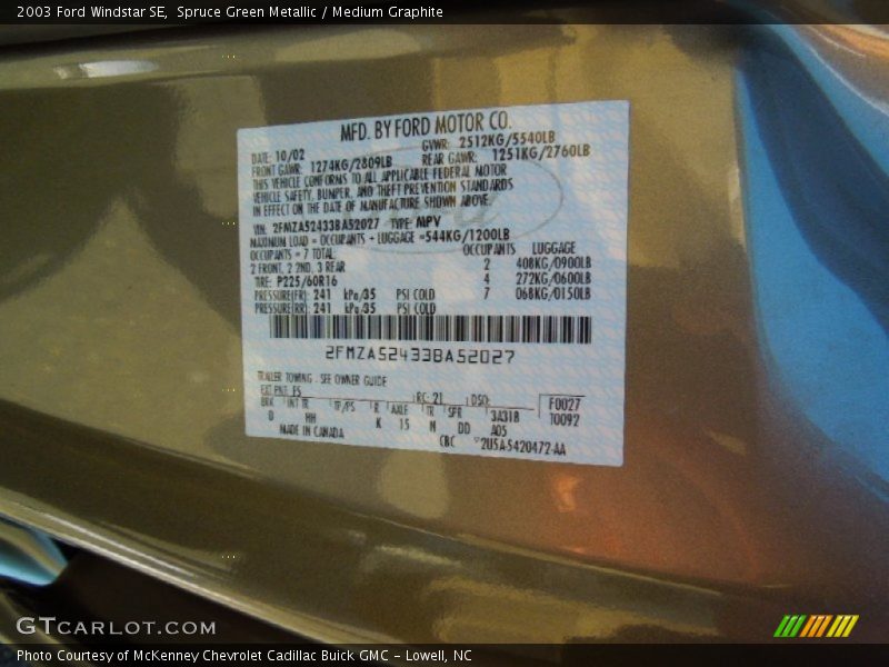 Spruce Green Metallic / Medium Graphite 2003 Ford Windstar SE