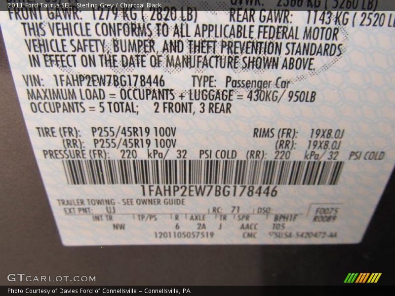 Sterling Grey / Charcoal Black 2011 Ford Taurus SEL