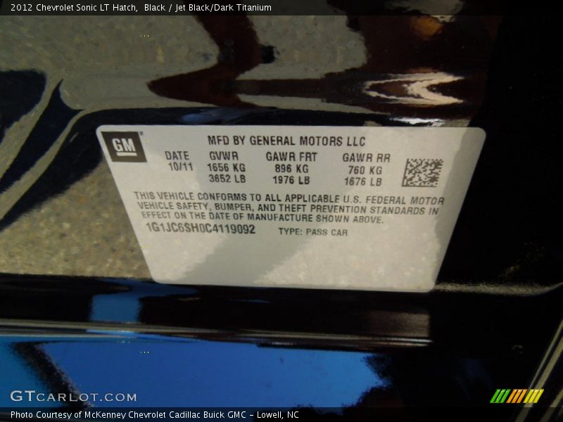 Black / Jet Black/Dark Titanium 2012 Chevrolet Sonic LT Hatch