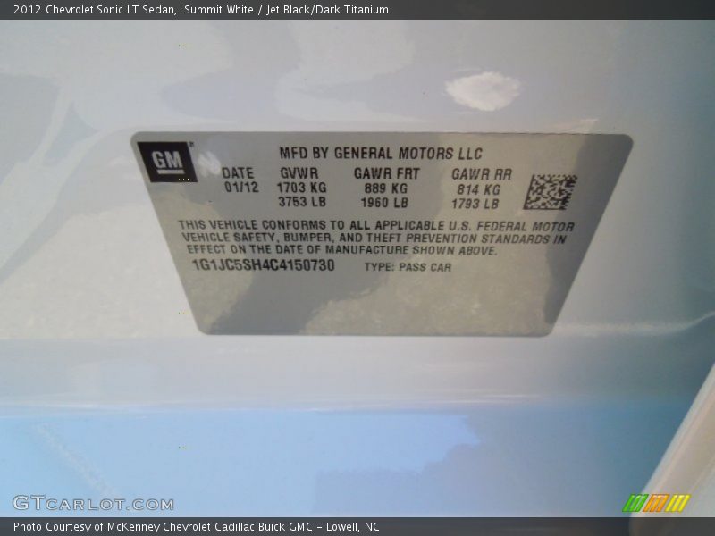 Summit White / Jet Black/Dark Titanium 2012 Chevrolet Sonic LT Sedan