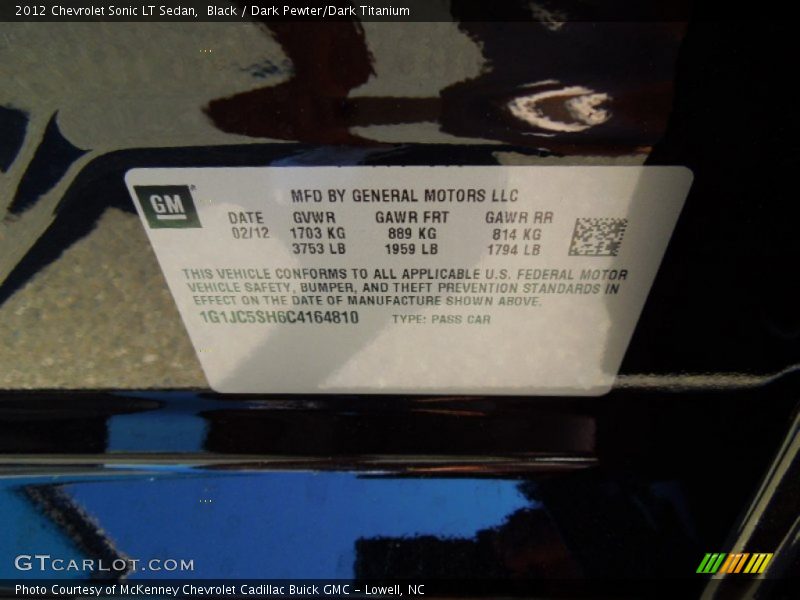 Black / Dark Pewter/Dark Titanium 2012 Chevrolet Sonic LT Sedan