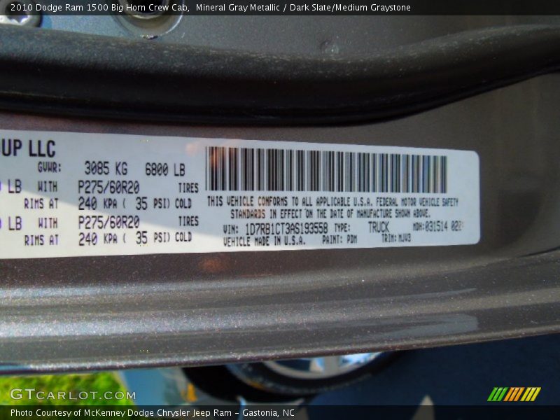 Mineral Gray Metallic / Dark Slate/Medium Graystone 2010 Dodge Ram 1500 Big Horn Crew Cab