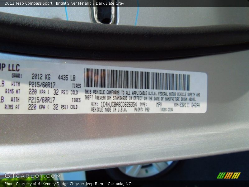Bright Silver Metallic / Dark Slate Gray 2012 Jeep Compass Sport