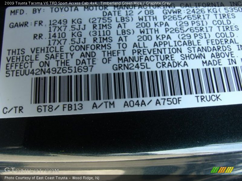 Timberland Green Mica / Graphite Gray 2009 Toyota Tacoma V6 TRD Sport Access Cab 4x4