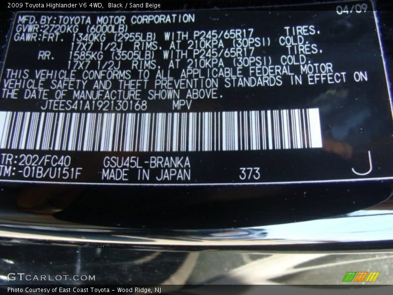 Black / Sand Beige 2009 Toyota Highlander V6 4WD