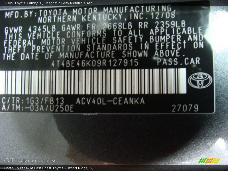 Magnetic Gray Metallic / Ash 2009 Toyota Camry LE