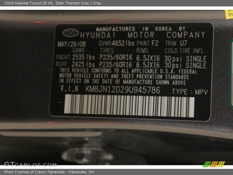 2009 Tucson SE V6 Dark Titanium Gray Color Code F2