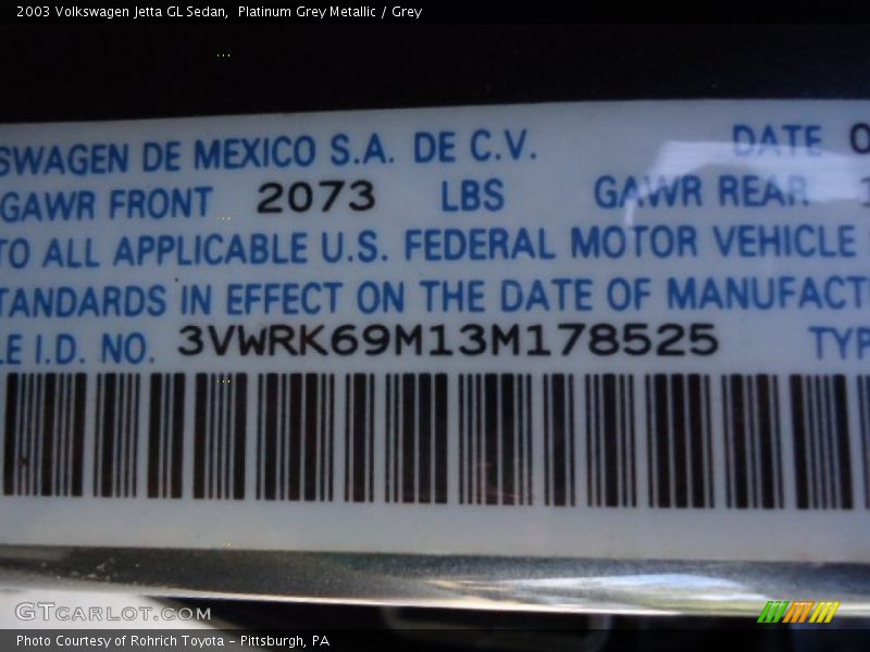Platinum Grey Metallic / Grey 2003 Volkswagen Jetta GL Sedan