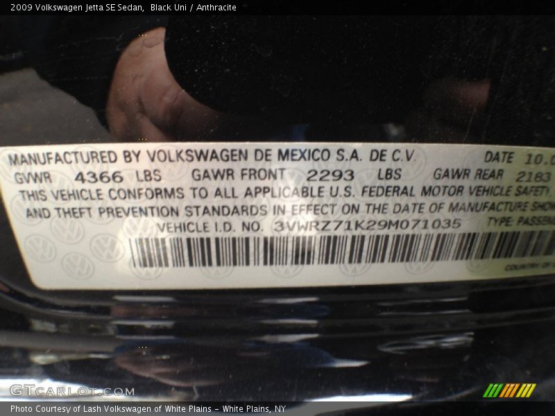 Black Uni / Anthracite 2009 Volkswagen Jetta SE Sedan
