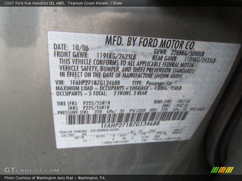 2007 Five Hundred SEL AWD Titanium Green Metallic Color Code DV