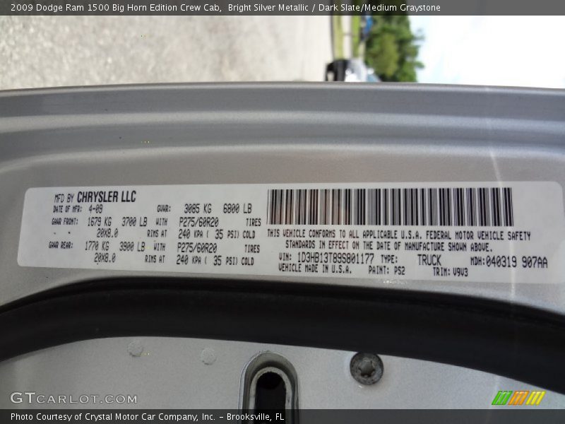 Bright Silver Metallic / Dark Slate/Medium Graystone 2009 Dodge Ram 1500 Big Horn Edition Crew Cab