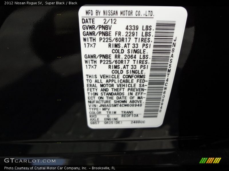 Super Black / Black 2012 Nissan Rogue SV