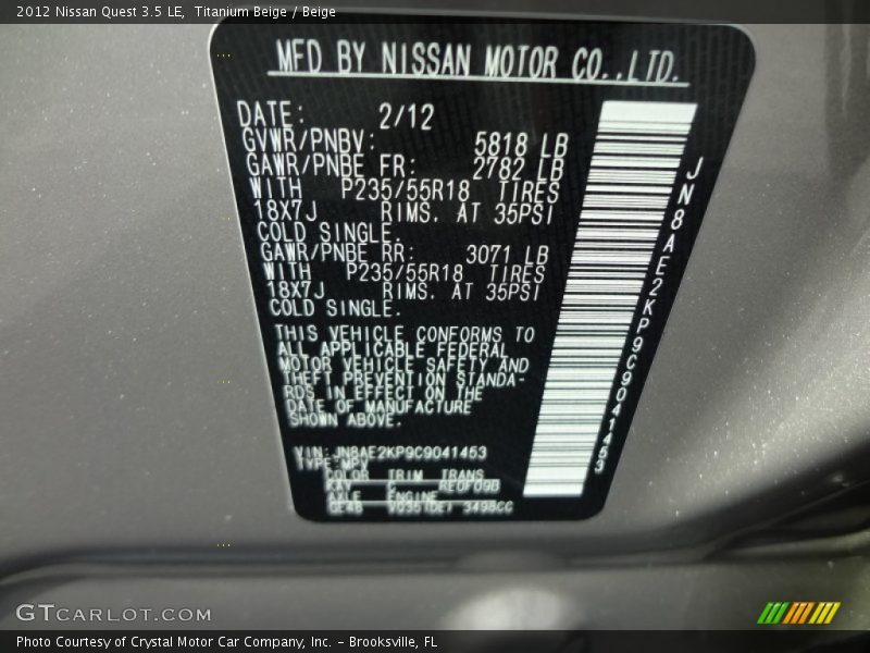 2012 Quest 3.5 LE Titanium Beige Color Code KAY