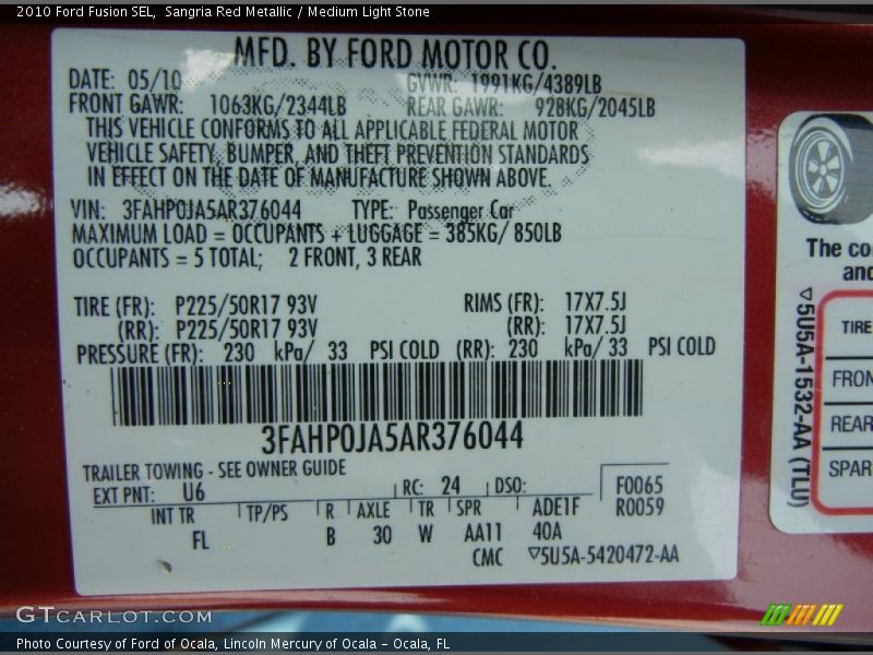 Sangria Red Metallic / Medium Light Stone 2010 Ford Fusion SEL