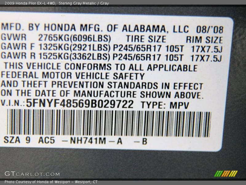 Sterling Gray Metallic / Gray 2009 Honda Pilot EX-L 4WD
