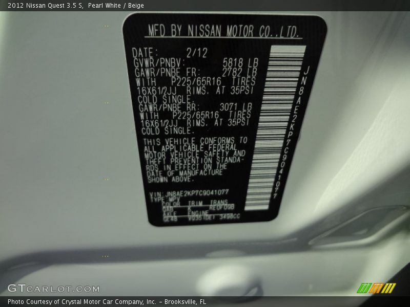 Pearl White / Beige 2012 Nissan Quest 3.5 S