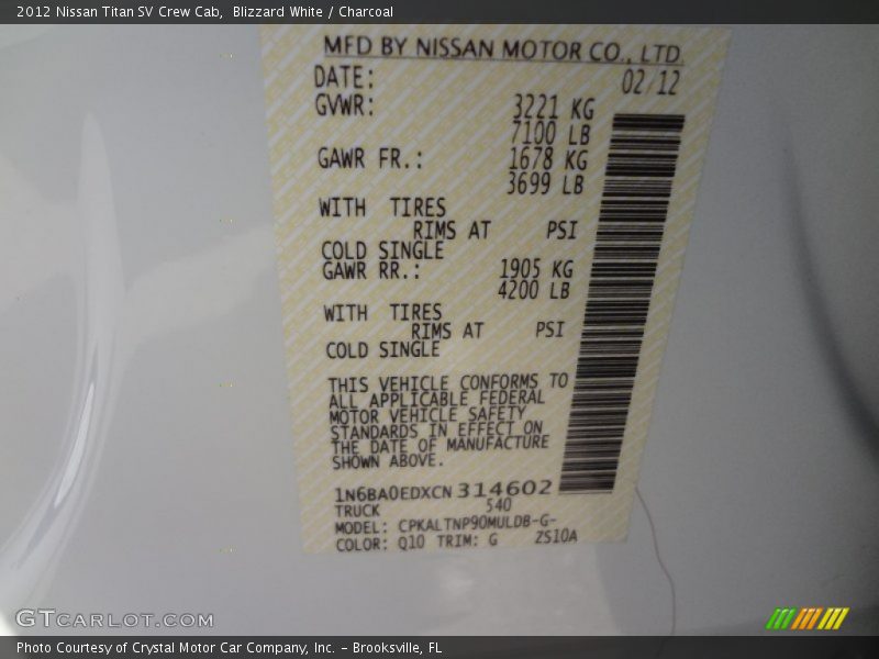 Blizzard White / Charcoal 2012 Nissan Titan SV Crew Cab