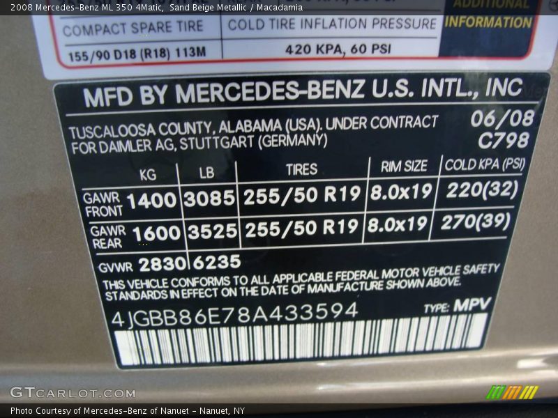 Sand Beige Metallic / Macadamia 2008 Mercedes-Benz ML 350 4Matic