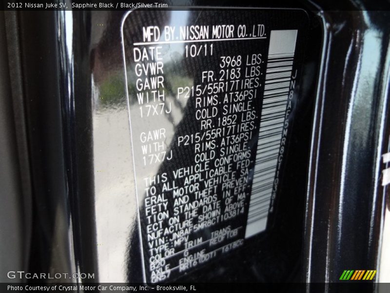 Sapphire Black / Black/Silver Trim 2012 Nissan Juke SV