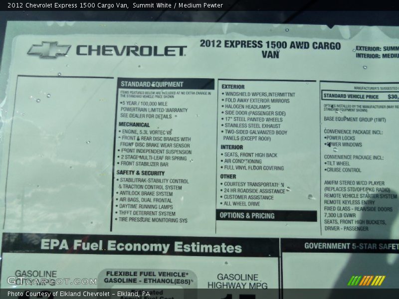  2012 Express 1500 Cargo Van Window Sticker