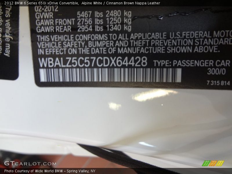 Alpine White / Cinnamon Brown Nappa Leather 2012 BMW 6 Series 650i xDrive Convertible