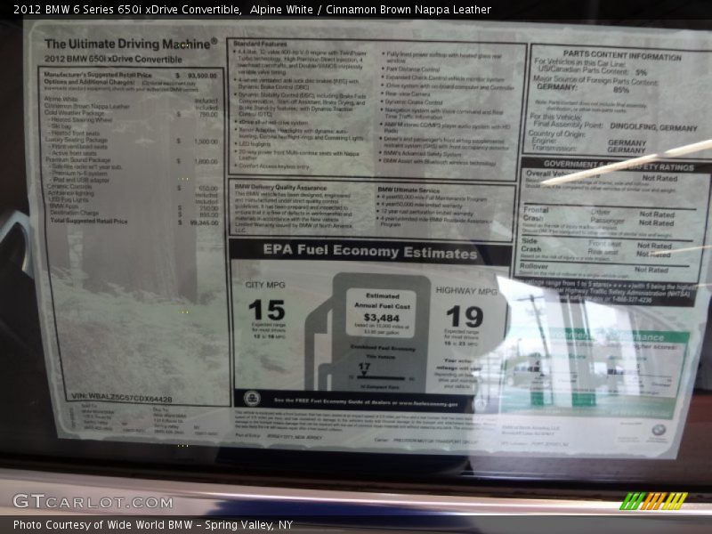  2012 6 Series 650i xDrive Convertible Window Sticker