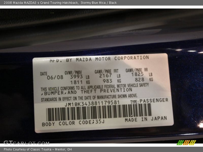 2008 MAZDA3 s Grand Touring Hatchback Stormy Blue Mica Color Code 35J
