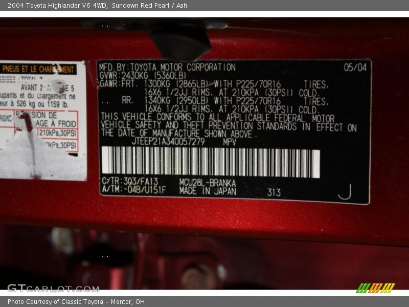 Sundown Red Pearl / Ash 2004 Toyota Highlander V6 4WD