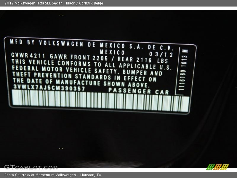 Black / Cornsilk Beige 2012 Volkswagen Jetta SEL Sedan