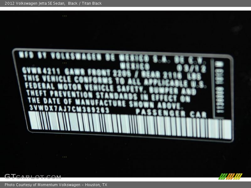 Black / Titan Black 2012 Volkswagen Jetta SE Sedan