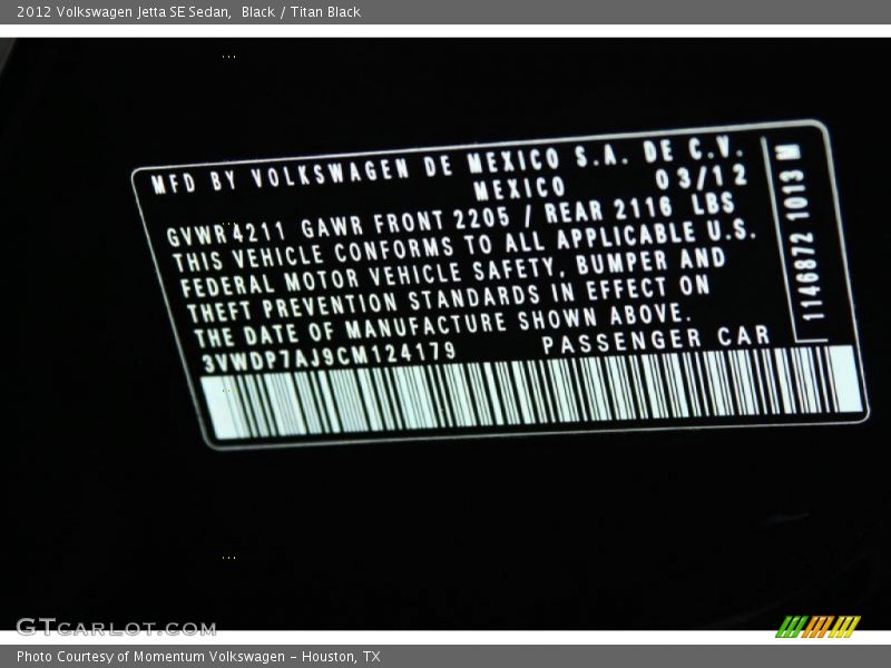 Black / Titan Black 2012 Volkswagen Jetta SE Sedan