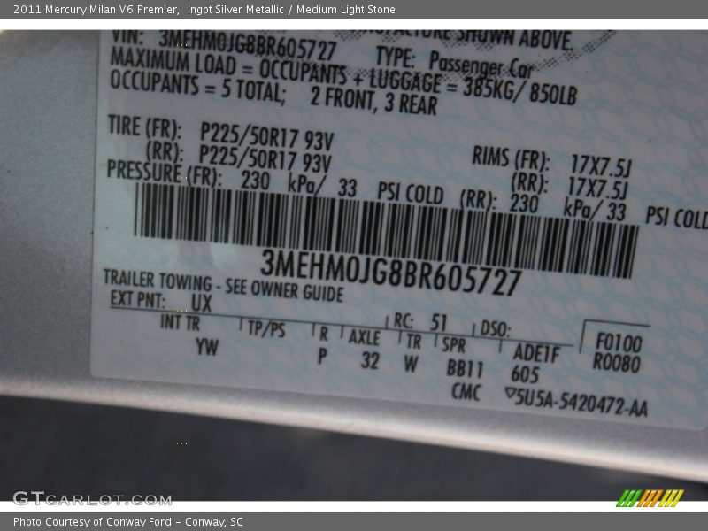 Ingot Silver Metallic / Medium Light Stone 2011 Mercury Milan V6 Premier