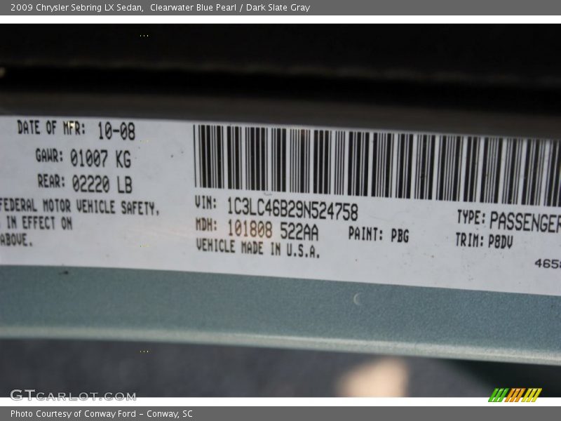 Clearwater Blue Pearl / Dark Slate Gray 2009 Chrysler Sebring LX Sedan